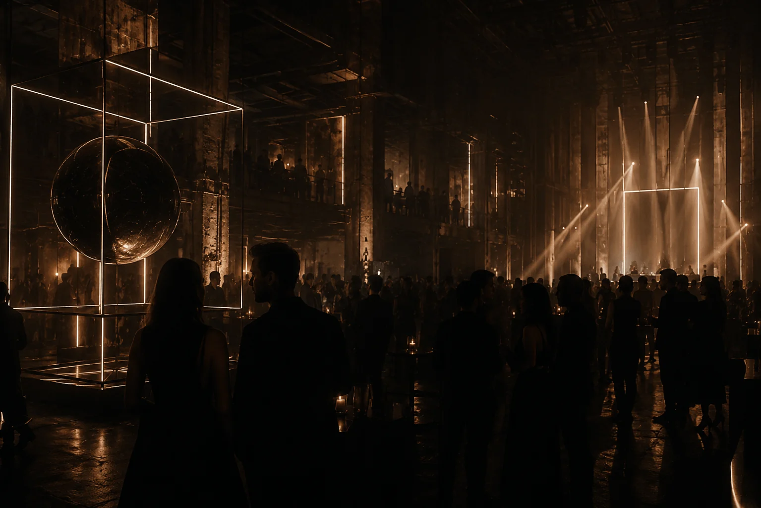 A crowd in a vast dark hall, lit by beams of warm light, beside a glowing cube sculpture