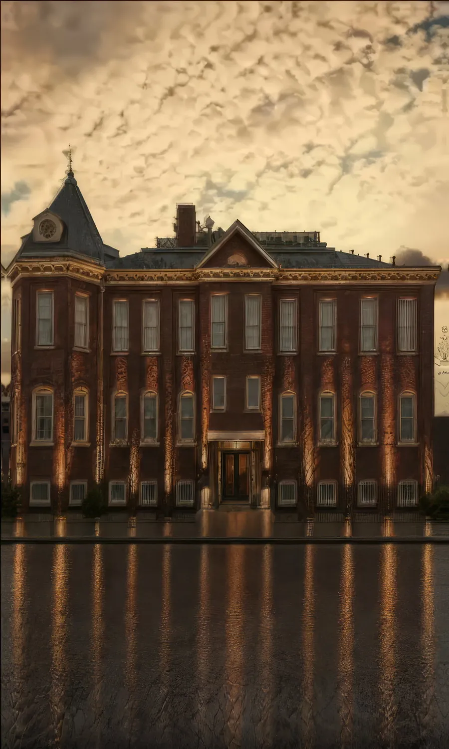 Black Swan Theory: a grand brick mansion reflected in still water