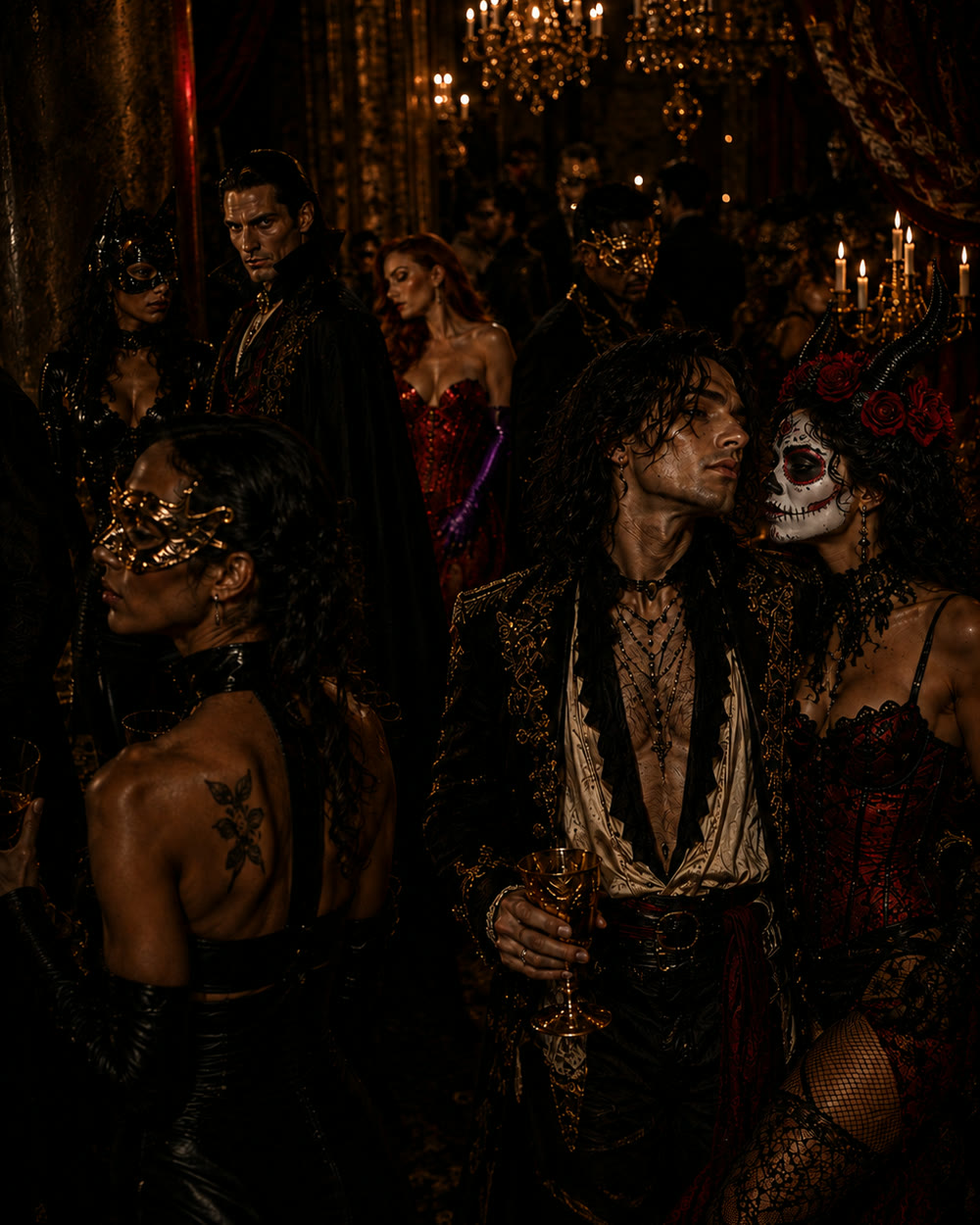 UNHOLY guests in character under the chandeliers: a woman in a gold filigree mask, a caped vampire, a man with long hair and an open ruffled shirt, a woman with a painted skull face and roses in her hair