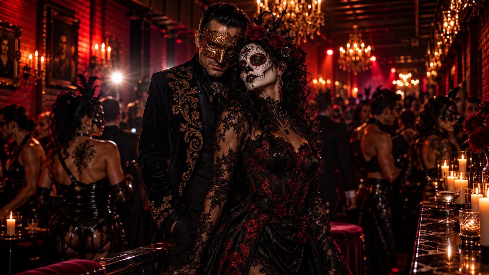 A masked man in a brocade jacket and a woman with a painted skull face, candlelit bar and chandeliers behind