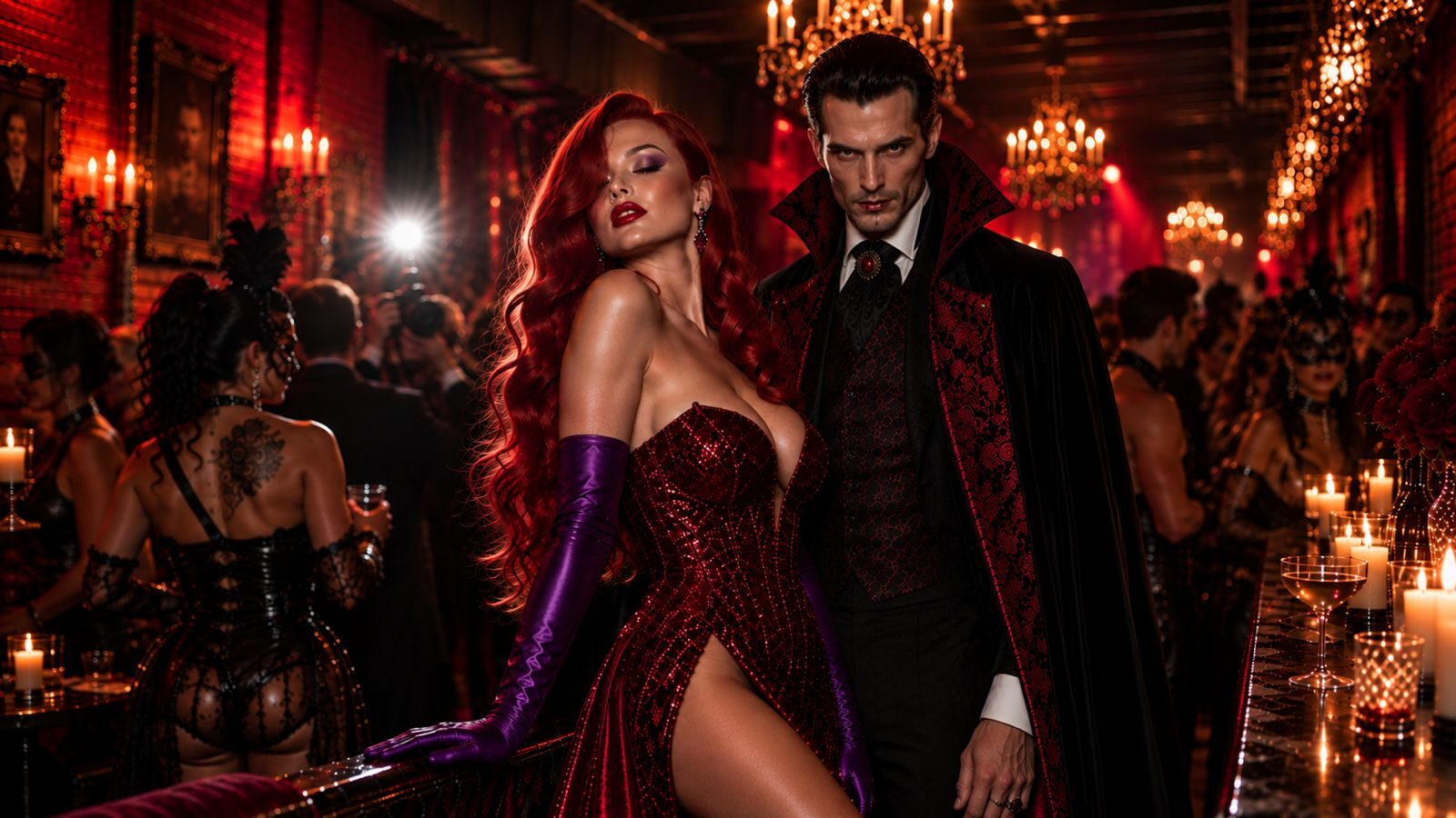 UNHOLY: a red-haired woman in a red sequin gown and purple gloves beside a man in a high-collared cape, candlelit bar and chandeliers behind